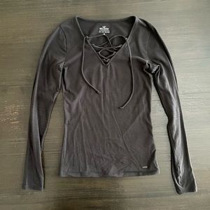 Hollister Black Lace Up Neck Long Sleeve Top